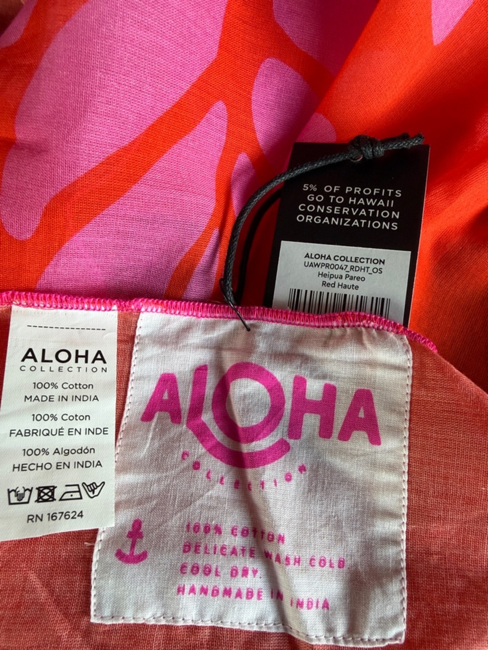 ALOHA Collection Heipua Orange and Pink Floral Pareo Wrap - Picture 6 of 8